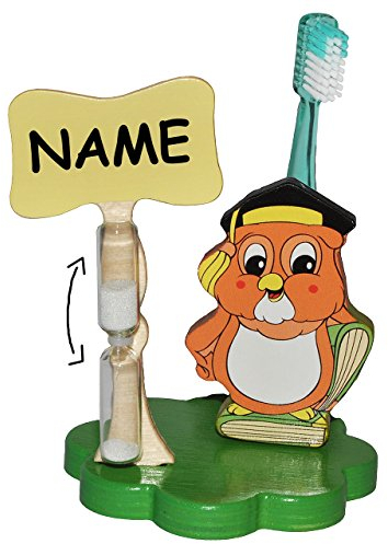 alles-meine.de GmbH Zahnbürstenhalter/Zahnputzuhr - Eule mit Buch incl. Name - mit Sanduhr + Zahnbürste - aus Holz - Badezimmer Bad Kinderzahnbürste/Mädchen Jungen - Tiere - ..