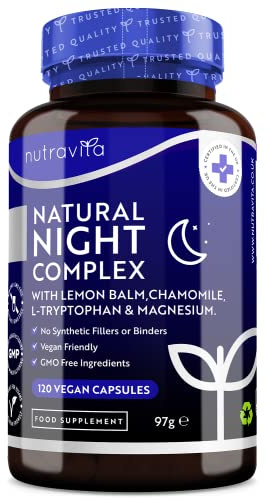 Nutravita Natürlicher Schlafkomplex Vegan − 120 vegane Kapseln | Für ruhige Nächte – Zitronenmelisse, Kamille, Magnesium 187,5 mg & Vitamin D3 & B12 − Alternative zu Melatonin einschlafspray