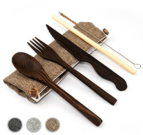 Jungle Culture® Wiederverwendbares Reisebesteck-Set • Alternative zu Bambus Besteck • Umweltfreundliches Besteck Set für Unterwegs & Picknick, Holzbesteck, Messer Gabel, Strohhalm, Jutebeutel in Braun