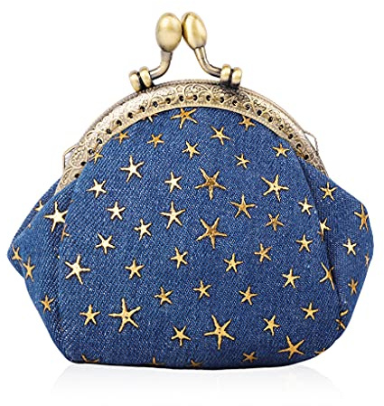 Oyachic Five-Pointed Star Porte-Monnaie Vintage Portefeuille Denim Femme Sac de Rangement Fermoir Clic clac Petit Pochette pour Carte de Crédit (Azul Marino)
