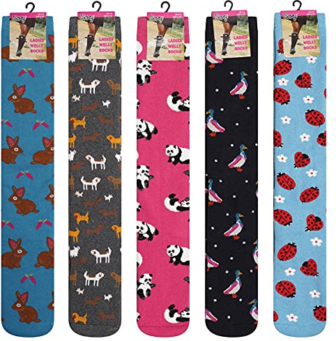 Soxy Ladies Design Wellington Boot Socks - 5 Pack - Women's Welly Socks - Festival Walking Hiking Thermal Socks - Animal Designs - UK Shoe Size 4-6