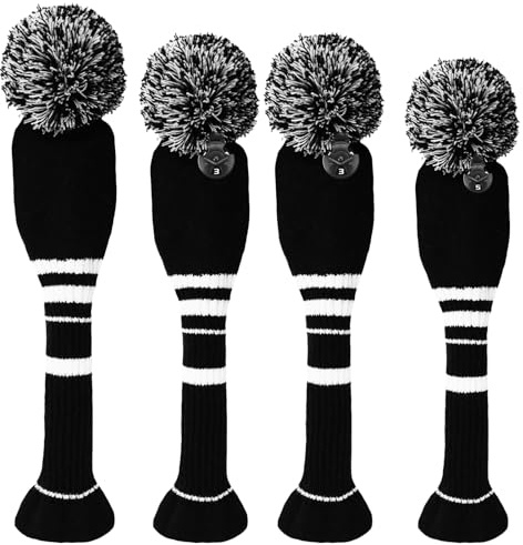 Set di 3 o 4 copritesta da golf con pompon per legno da 1, 3, 5, ibrido per campo da golf con etichetta numerata a maglia