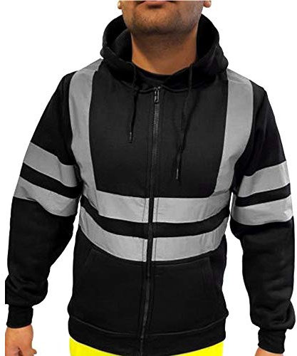 Beokeuioe Chaqueta de trabajo de seguridad para hombre reflectante a rayas ropa de trabajo callejero manga larga sudadera con capucha sudadera de advertencia alta ejecutiva chaqueta de advertencia,