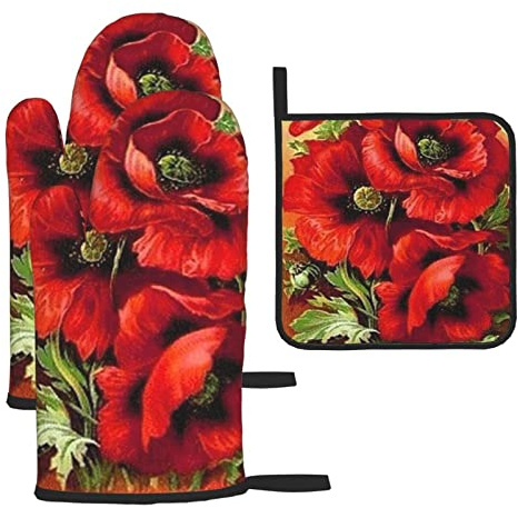 Lot de 3 maniques de cuisine en forme de coquelicot rouge résistant à la chaleur et antidérapant pour cuisine, cuisine et pâtisserie
