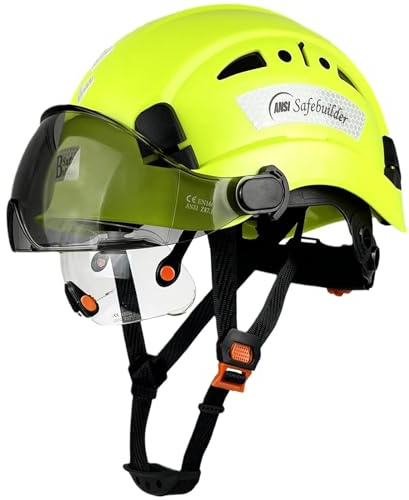 SAFEBUILDER Safety Helmet Hard Hat with Visor Adjustable Lightweight Vented Work Helmet for Men ANSI Z89.1 Approved Industrial & Construction (Fluorescent Green Helmet with Clear & Tinted Visor)