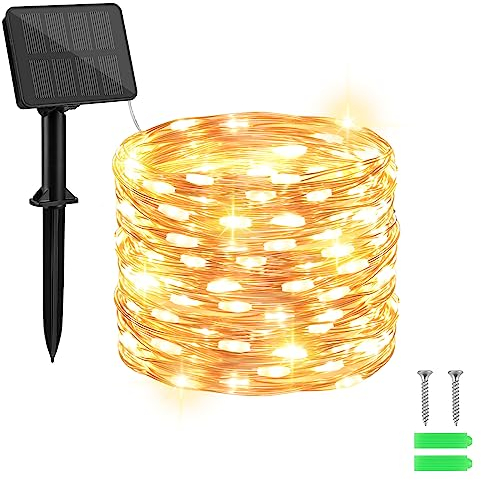 Solar Lichterkette Aussen, Cshare 10M 100 LED Kupferdraht 8 Modi Timer IP65 Wetterfest für Hof, Weihnachtsbaum, Garten, Schlafzimmer, Balkon, Tor Innen/Außen Dekorationen (Warmweiß)