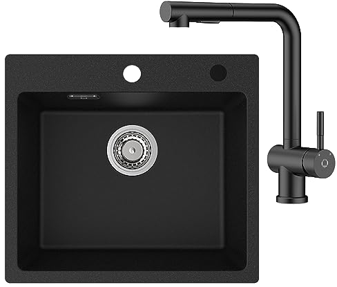 CECIPA Spüle mit Armatur 50 x 45 cm, Küchenspüle aus Granit, Spülbecken mit Armatur Set