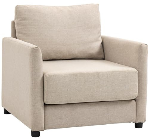 HOMCOM Poltrona Moderna con Sedile Ampio e Imbottito da 20 cm in Tessuto Traspirante Effetto Lino, Poltroncina Imbottita con Braccioli, Tasca Interna, per Camera da Letto, Soggiorno, 80x85x88cm, Beige
