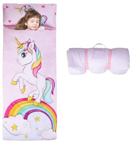 Einhorn Schlafsack Kinder Doppelter Reißverschluss Weich Warm, Faltbare Kinderschlafsack mit Kissen Abnehmbar für Mädchen Jungen, Leicht Reinigen Schlafsack für Outdoor Indoor Camping, 150×60cm
