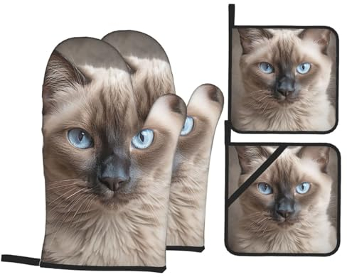 Lot de 4 gants de cuisine et maniques résistants à la chaleur - Motif chat siamois - Antidérapants - Pour cuisine, pâtisserie, grillades