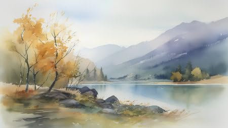 adrium Holz-Bild 90 x 50 cm: Herbstlandschaft mit See und Bergen. Digitale Aquarellmalerei. (202693285)