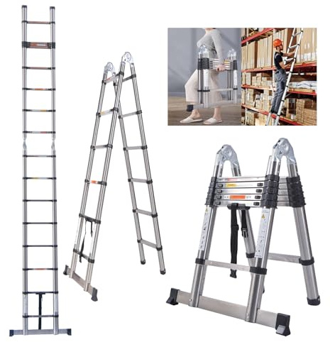 HSHa Ladders Extendable Telescopic 3.8M/12.5FT Ladder Stainless Steel Telescoping Ladder A-Frame Multi Purpose with Stabilizer, Portable Loft Ladder Foldable Ladder 12 Steps for Indoor Outdoor