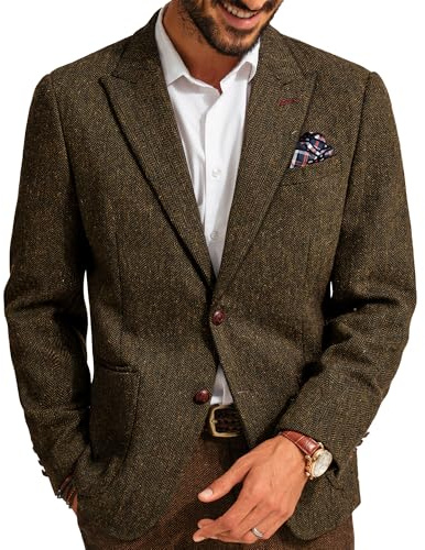 PJ PAUL JONES herrblazer vintage fiskben tweed kavaj med två knappar, ullblandning, sportrock med näsduk, BRUN, XL