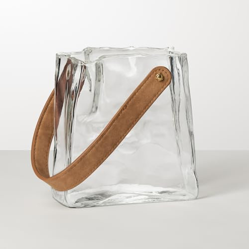 Torre & Tagus Handtaschenvase aus Glas für Blumen mit Griff, 16,5 cm hoch, transparente Vase und handgefertigte Glasvase für Heimdekoration, Tafelaufsätze, 6,25 x 6,5 cm, transparent