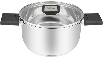 RESTO Olla de acero inoxidable 18/10, diámetro de 18 x 10,0 cm, con asas plegables, para inducción, olla con tapa de cristal resistente al calor y escala de medición en caja de regalo de 2,5 L