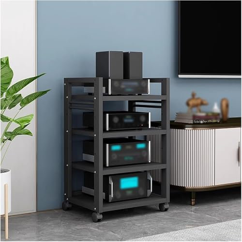 Yoeoefuo HiFi Rack Plattenregal Druckerregal 4/5-stufige AV-Medienständer HiFi-Regal Mit Rollen HiFi-Ständer Audio Rack Multimedia-Rack Offenes Lagerregal Für Home Office Kino(Style 1,4 Tier)