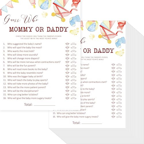 Gethelud 55PCS Juegos de Baby Shower, Tarjetas de Juego Adivina Quién es Mamá o Papá, Divertidos Juegos para Fiestas de Baby Shower, Neutros en Cuanto al Género para Niñas o Niños