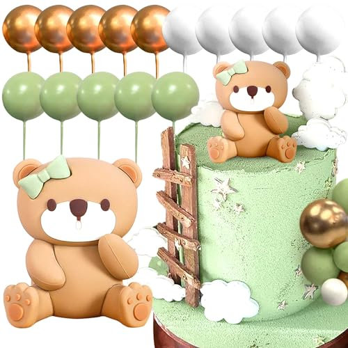 LaVenty Sage Green Bear Cake Decorations Beige Brown Balls Cake Topper Boho Bears Cake Cake Decoration Baby Shower Birthday Cake Decoration