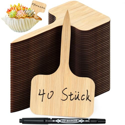Gucass 40 placas para plantas de bambú, para etiquetar, incluye rotulador, resistente a la intemperie, etiquetas para plantas, para verduras, hierbas, flores