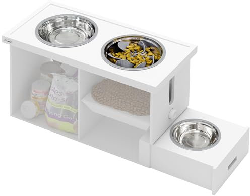 PawHut Raised Dog Bowls, Dog Feeding Station with Slow Feeder Mat, Storage Cabinet, 3 Stainless Steel Bowls, Semi-Auto Dispenser Function, for Large, Extra Large Breeds, White