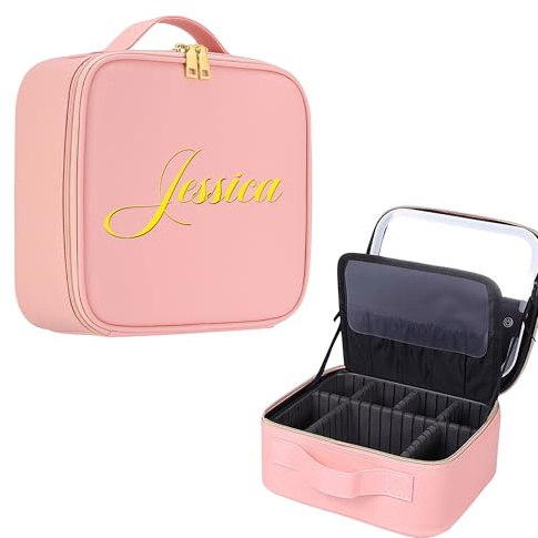 Personalisierte Reise-Make-up-Tasche mit LED-Spiegel, individueller Name, Reise-Kosmetikkoffer, tragbare Aufbewahrung, verstellbare Trennwände, Make-up-Box, Geburtstags-, Weihnachtsgeschenke für