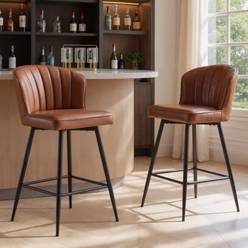 Ya-Home Barhocker 2er Set, Barstuhl mit Lehne & Metallbeinen, Braun | Bistrohocker aus Samt/Kunstleder, Tresenhocker mit gepolsterter Sitzfläche, Bar Stools für Hausbar/Kücheninsel