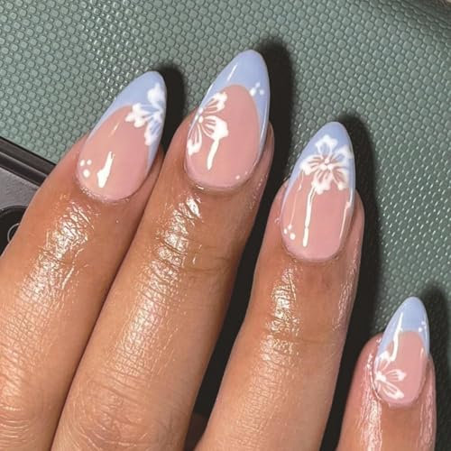 Auiremrti 24 pièces de faux ongles bleus à pression, taille moyenne, forme amande, avec design floral blanc, ongles d'été réutilisables