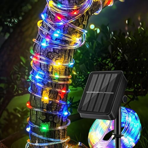 Outdoor Solar LED Rope Lights, IP65 Waterproof Rope Lights 12m/39.4ft 100LEDs Solar Decoration Lights with 8 Lighting Modes, Rope Fairy Light for Garden Tree Party Christmas Decoration (Multicolor)