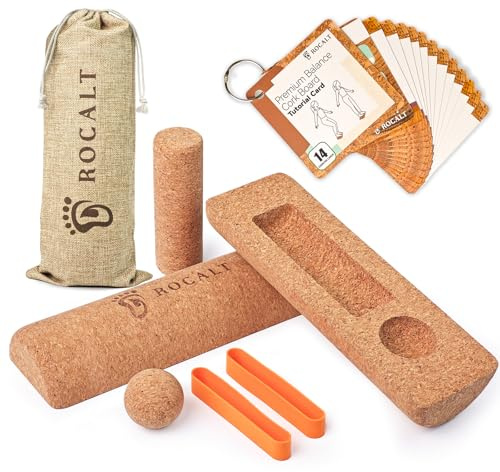 Rocalt Cork Balance Board, Premium Cork 4-in-1 Foot & Ankle Strengthener Kit, Balance Trainer with Massage Roller & Ball, Toe Resistance Bands, Storage Bag & Exercise Guide for Enhance Mobility, Improve Foot Function, Prevent Falls