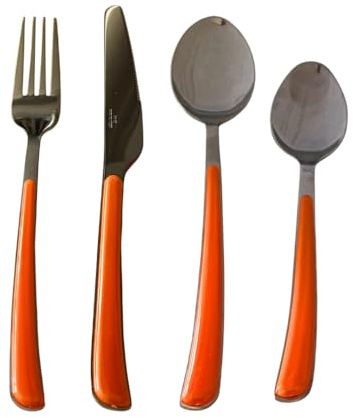 Omniacasa Set de couverts 24 pièces orange brillant en acier inoxydable | Service de table moderne design ergonomique pour 6 personnes | Résistant au lave-vaisselle, à la rouille et aux rayures