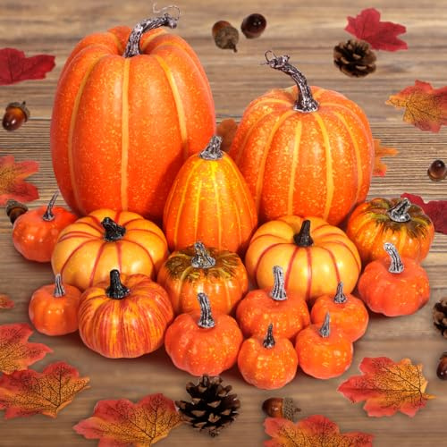 KDISHKRA 16 Pezzi Zucche Finte Decorative Halloween, Decorazioni Autunnali di Halloween, Zucche Decorative Autunnali Set, Zucca Artificiali per Decorazioni Autunnali Casa Ringraziamento halloween