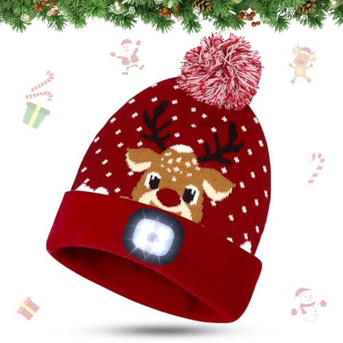 SOETDERT LED Weihnachtsmützen, Nikolausmütze, Warme Mütze mit Licht, Weihnachten Leuchtmütze, Weihnachtsmann Mütze, USB Wiederaufladbar Wintermütze, Leuchtende-Weihnachtsmütze für Weihnachtsfeier