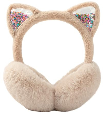 PORUPAEL Girls Cat Ear Muffs Women's Earmuffs Adjustable Faux Fur Earmuffs Winter Plush Ear Muffs Foldable Warm Windproof Ear Warmer for Women Girls Birthday Christmas Thanksgiving Gifts (Khaki)