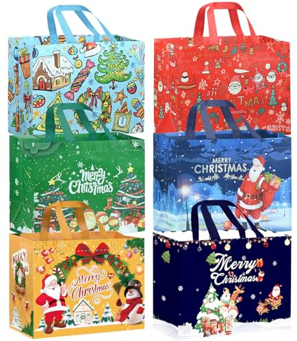 DECHISY 6 Stück Geschenktüten Weihnachten Groß, Non Woven Weihnachtstüten mit 6 Designs, Wiederverwendbare Geschenktüte Weihnachten mit Griffen für Weihnachts und Neujahrsdekorationen, 32 x 25 x 17 cm