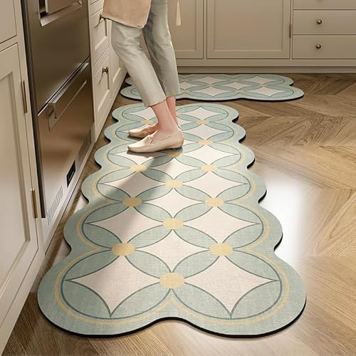 Morbuy Küchenteppich rutschfest, Kieselgur Waschbarer Teppich Teppich Küche rutschfest Schnelltrocknend Absorbierend Kreative Küchenläufer für Wohnzimmer, Wäsche (Mintgrün,60x180cm)
