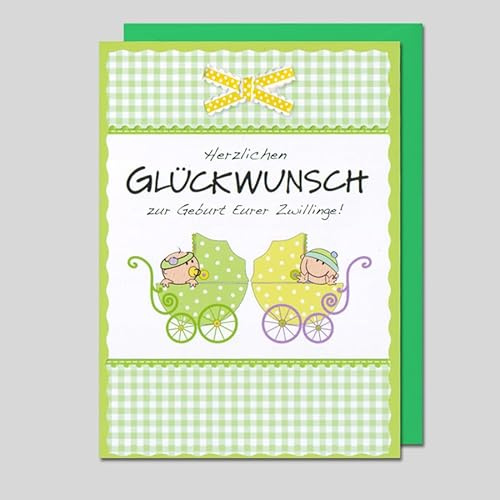 Michel Verlag Glückwunschkarte zur GEBURT ZWILLINGE BABY | Klappkarte inkl. Umschlag Mehrlinge Zwillingsgeburt Jungen, Mädchen oder gemischt | Geschenkidee zur Geburt Nachwuchs | 12x17cm (Kinderwagen)