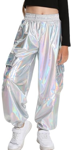 SEAUR Pantaloni metallizzati da ragazza, lucidi, cargo, hip hop, pantaloni jazz, pantaloni da danza street, pantaloni cargo per bambini 6-13 anni, argento, 6-7 Anni