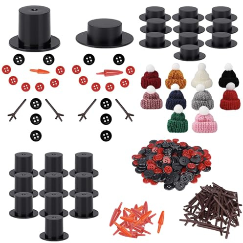290 Stück Mini Weihnachten Schneemann Bastelset, DIY Schneemann Machen Dressing Kits Enthalten Mini Hüte Karotten Nasen Zweige Hände Winzig Schwarz Rot Knöpfe, Geschenk für Jungen und Mädchen