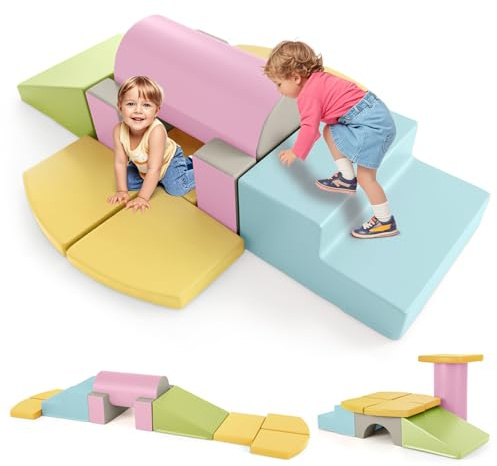 COSTWAY 10 TLG. Schaumstoff Bausteine, Softbausteine weich zum Klettern & Rutschen, Riesenbausteine aus PU, Großbausteine Kletterblöcke Indoor für Kinder ab 1 Jahr (Macaron)