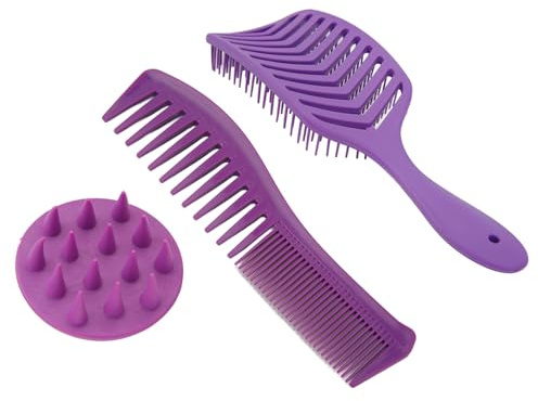 LDAUYZLING 3 Pièces Brosse à Cheveux Peigne Ensemble Brosse à Cheveux Creuse Double Dent Peigne à Cheveux Brosse à Shampoing pour Démêlage et Coiffage
