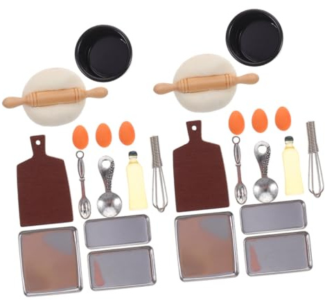 Parliky Set da Cucina in Miniatura, 2 Set di Utensili da Forno e Teglia in Legno, Resina e Plastica, Accessori Realistici per Decorazione Mini Casa e Giochi di Finzione
