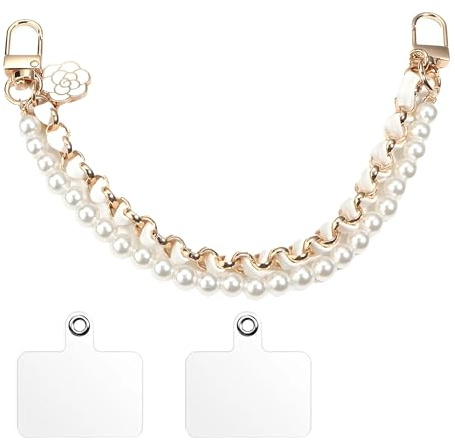 Chaine Telephone Portable, Bandoulière à Chaîne Blanche Dragonne de Téléphone Ensembles de Dragonnes Cordons de Porte-clés Lanière Antivol avec 2 Patchs Arrière Accessoire Élégant et Sécurisé