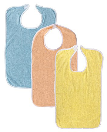 3 Pack Terry Adult Bib with Velcro Closure (Light Blue, Yellow, Peach)