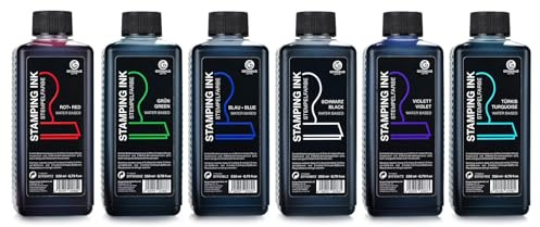 Octopus Fluids Stempelfarbe Set, 6 Farben, 6 x 250 ml | Wasserbasierte, ölfreie Stempeltinte für Stempelkissen und Selbstfärber, Schwarz, Blau, Grün, Rot, Violett, Türkis