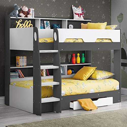 happybeds Orion and Grey and White Wooden Bunk Bed, 3ft Single, Frame Only | 3ft Single, Wooden Bunk Bed, Frame Only, Grey, White, Storage Drawer, Storage Shelves, Ladder, 90 x 190 cm, Modern Design