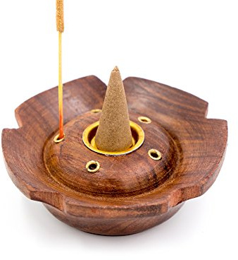 Luxflair Räucherkegelhalter Lotus, Räucherstäbchenhalter aus Sheesham-Holz, für Räucherkegel und -stäbchen, kunstvoll verziert, Durchmesser 7cm, Höhe 2,5cm