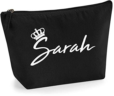 Personalisiert Name Initialen & Königin Krone Kosmetiktasche Damen Schminktasche für Handtasche Makeup Tasche mit Texturdruck - Weiße Flocke - M - Schwarz