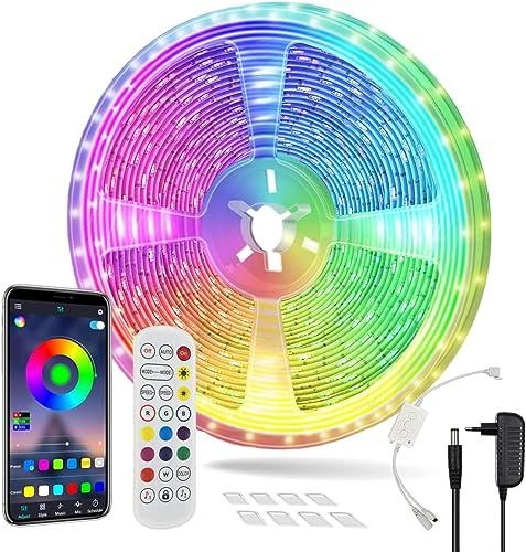 Aitesuo LED Strip 7.5m, RGB LED Streifen mit App-Steuerung und Fernbedienung, Dimmbar Bluetooth Leiste, Musik Sync, LED Band Selbstklebend, Farbwechsel Lichterkette für Zimmer, Party, Gaming Deko