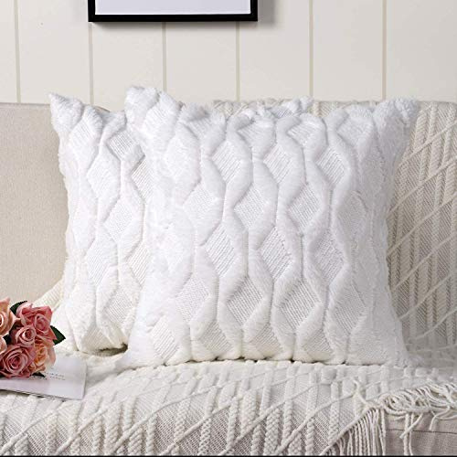 Throw Pillow Covers 45x45, Set of 2 White Decorative Pillow Case Cushion Cover with Velvet Luxury Soft Plush Short Wool for Couch Sofa Bedroom Car