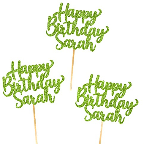 6X Personalised, Double Sided, Handmade Happy Birthday Glitter Cupcake Toppers by Cakeshop | Custom Colour Any Name 480gsm Glitter Cupcake Decorations | Green